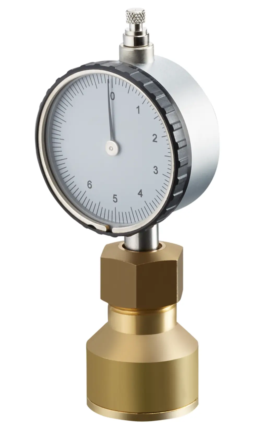 Messgerät zur Kontrolle der Voreinstellwerte von Thermostatventilen, gefertigt von Oventrop. Mit analoguhr und einer metallischen Anschlussbasis für die Installation.